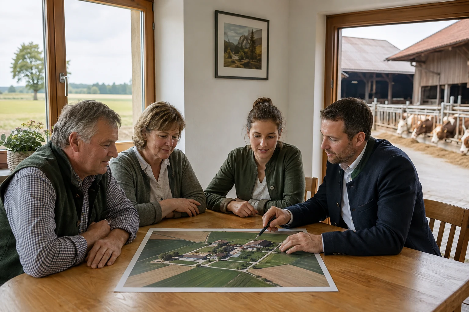 Eigentümerfamilie bespricht den Verkauf und die weitere Führung ihres Landwirtschaftsbetriebs