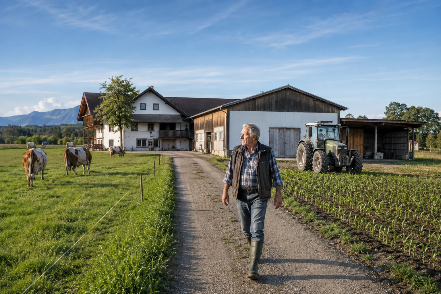 Landwirt vor einem mitteleuropäischen Mischbetrieb mit Hof und Flächen